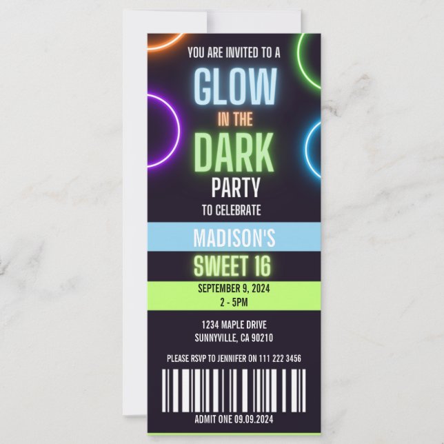 Invitation Glow In The Dark Neon Sweet 16 Party Ticket (Devant)