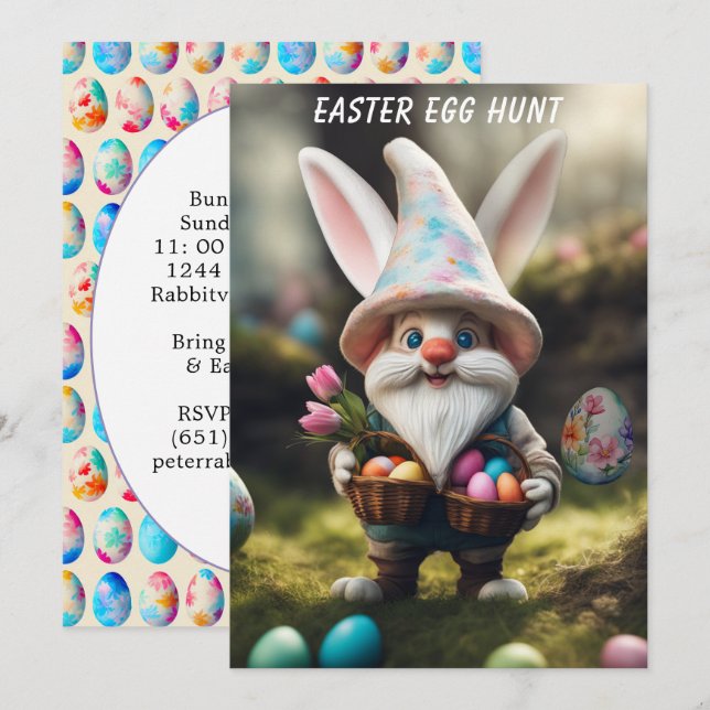 Invitation Gnome de lapin avec panier Chasse aux oeufs de Pâq (Devant / Derrière)
