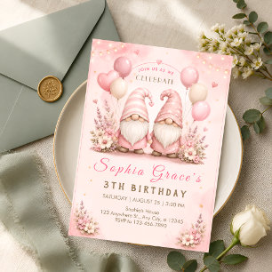 Invitation Gnome Rose Fantaisiste pour 3ème Anniversaire