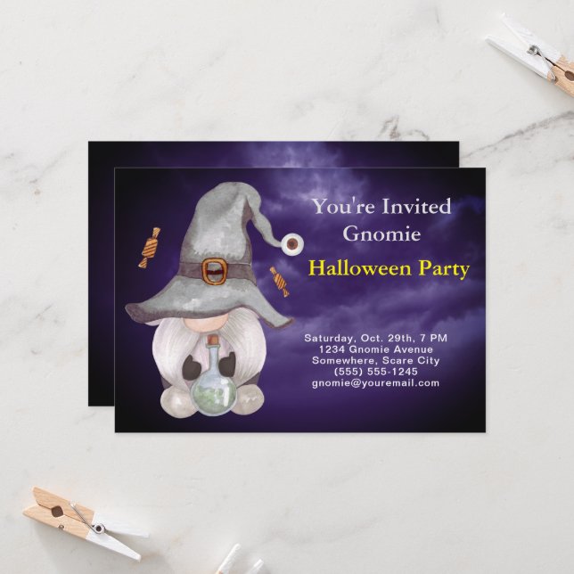 Invitation Gnome Sorcière Magique Nuageux Blue Sky Halloween  (Devant/Arrière en situation)