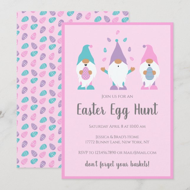 Invitation Gnomes de chasse aux oeufs de Pâques rose (Devant / Derrière)