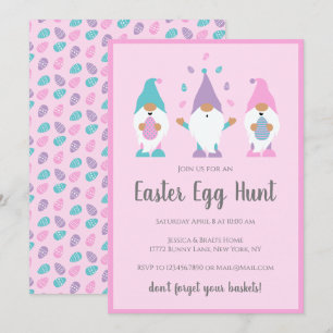 Invitation Gnomes de chasse aux oeufs de Pâques rose