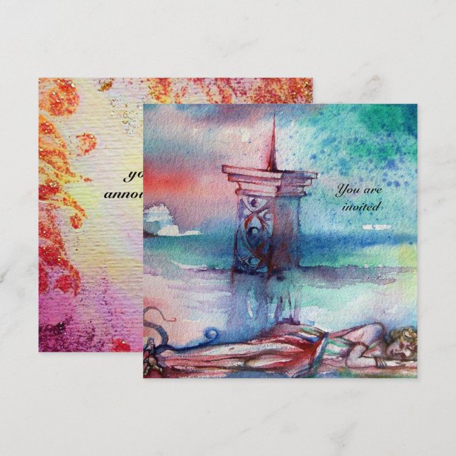 Invitation GNOMON ET DAME DU LAC Aquarelle bleu rose (Devant / Derrière)