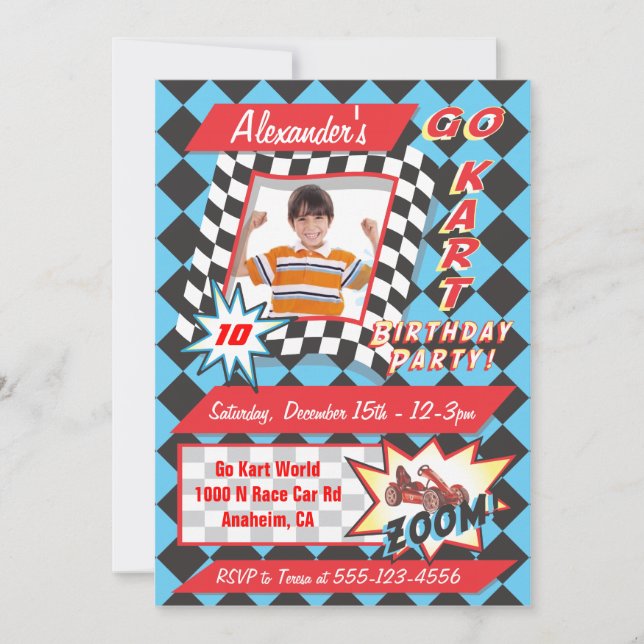 Invitation Go Kart Fête d'anniversaire - Infos photos Invitat (Devant)