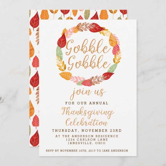 Invitation Gobble Gobble Thanksgiving Thème d'automne (Devant / Derrière)
