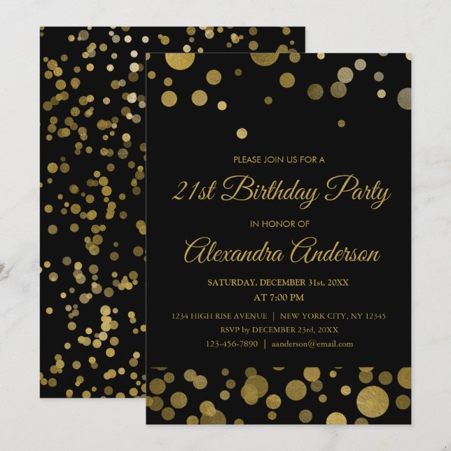 Invitation Gold 21e fête d'anniversaire Gold Confetti (Devant / Derrière)