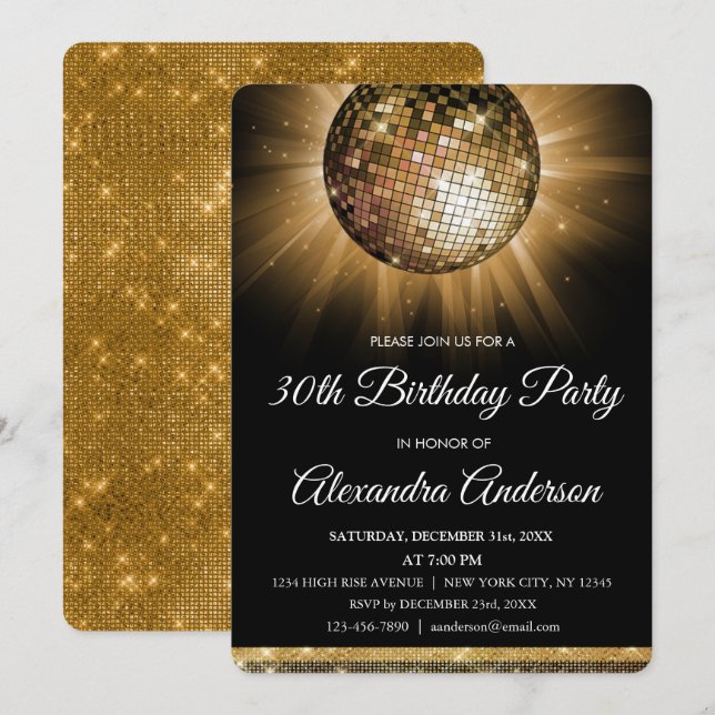 Invitation Gold 30th Birthday Party Gold Disco Ball (Devant / Derrière)