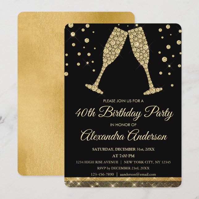 Invitation Gold 40e Anniversaire de la fête Diamond Champagne (Devant / Derrière)