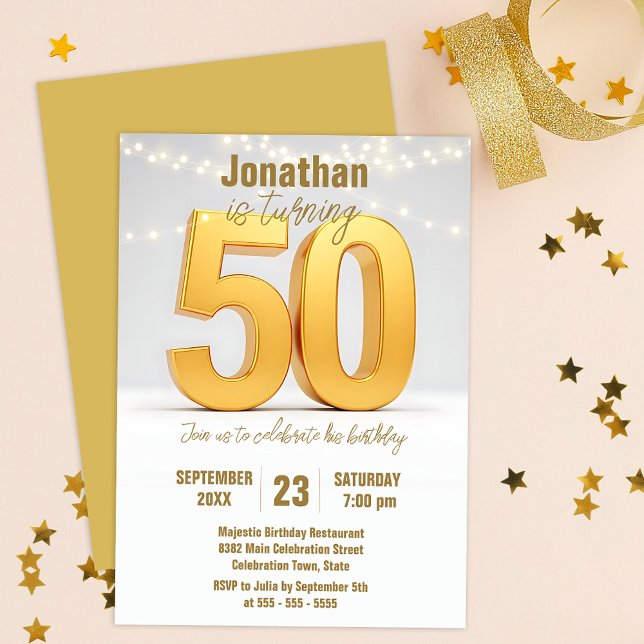 Invitation Gold 50th Birthday Celebration with String Lights (Créateur téléchargé)