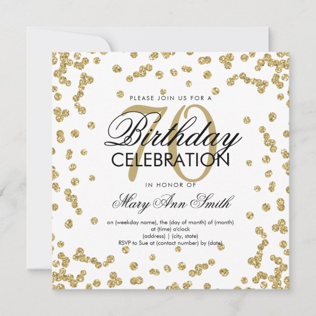 Invitation Gold 70th Birthday Parties scintillant Confetti (Devant)