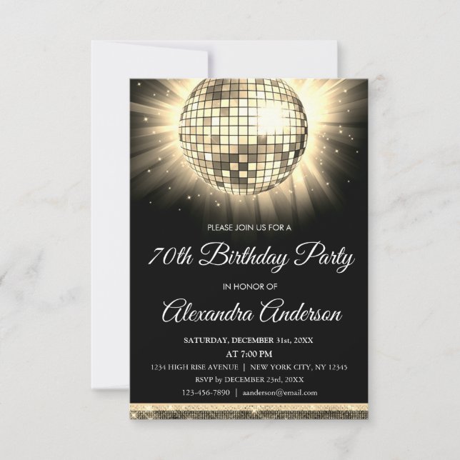 Invitation Gold 70th Birthday Party 70's Disco Ball (Devant)