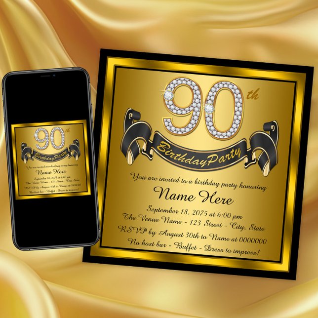 Invitation Gold 90th Birthday Party (Classy 90th birthday party invitation. Instant download and printed invitations available.)