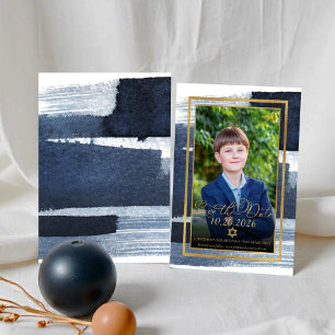Invitation Gold Abstrait Blue Photo Bar Mitzvah Enregistrer l