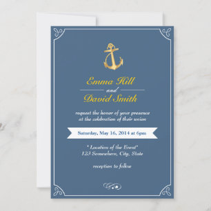 Invitation Gold Anchor Royal Blue Nautical Wedding