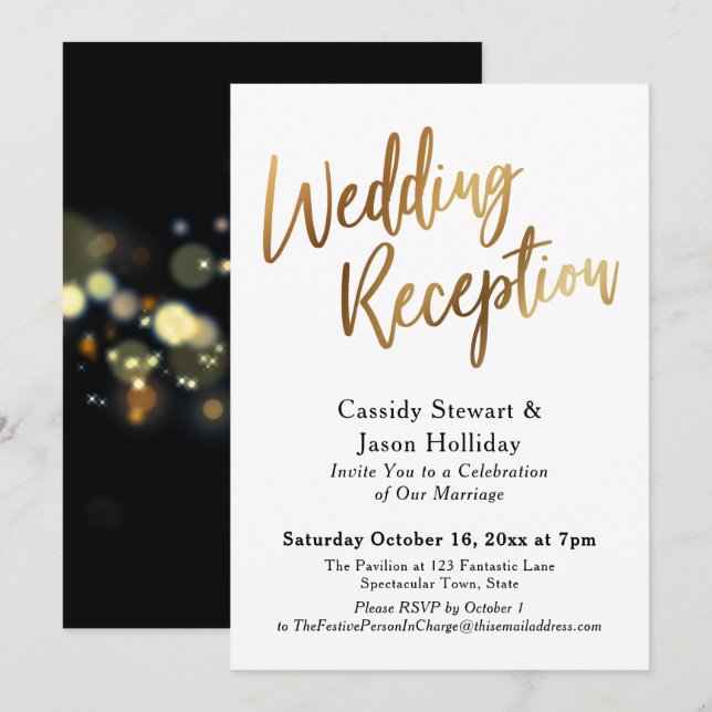Invitation Gold Après la réception de mariage, Bokeh Black Ba (Devant / Derrière)
