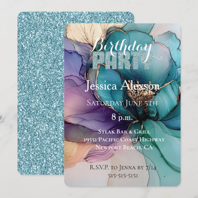 Invitation Gold Aqua Parties scintillant bleue Fleur violet A (Devant / Derrière)