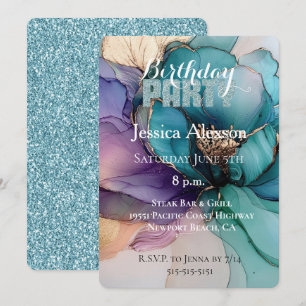 Invitation Gold Aqua Parties scintillant bleue Fleur violet A