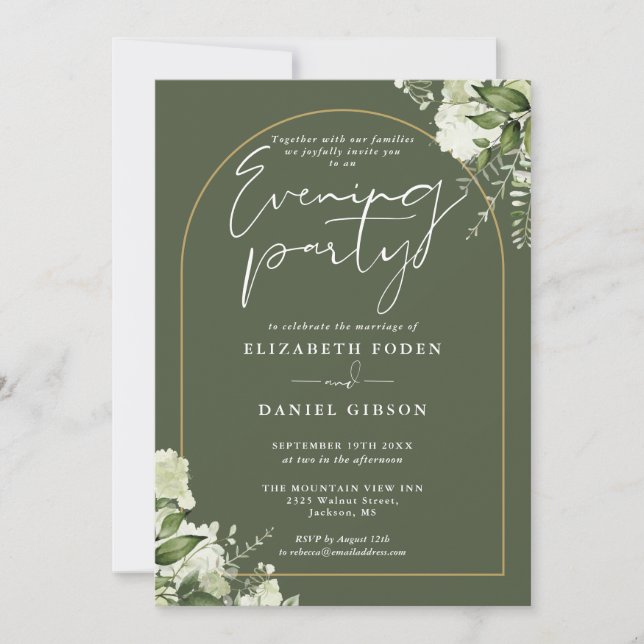 Invitation Gold Arch Floral Olive Green Mariage soirée (Devant)