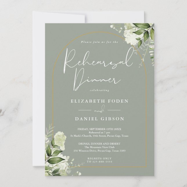 Invitation Gold Arch Sage Verdure Dîner de répétition florale (Devant)