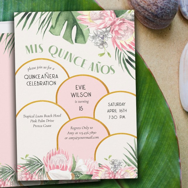 Invitation Gold Arch Tropical Protea et Palm 15e anniversaire (Créateur téléchargé)