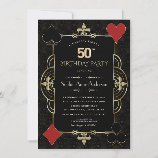 Invitation Gold Art Deco Casino Las Vegas Femme 50e anniversa (Devant)