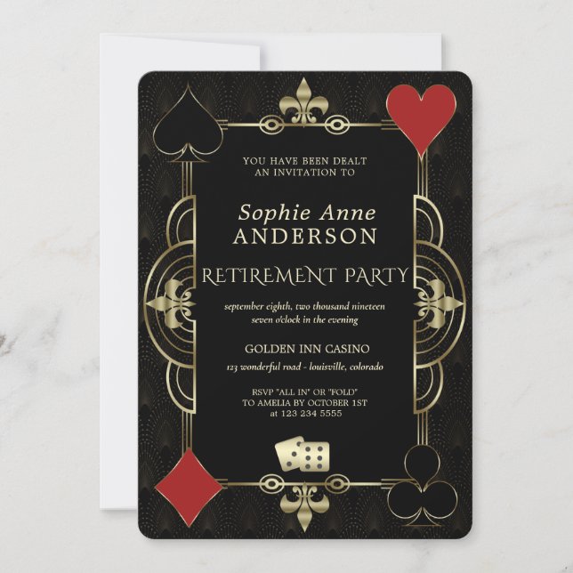 Invitation Gold Art Deco Casino Vegas Poker Retraite Party (Devant)