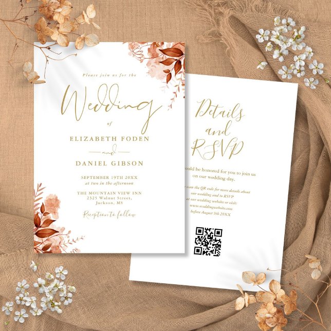Invitation Gold Automne automne Floral QR Code Mariage (Gold Autumn Fall Floral QR Code Wedding Invitation)
