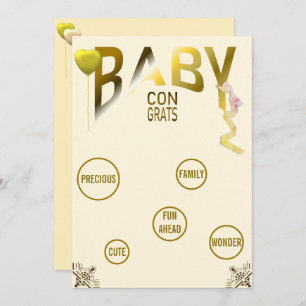 Invitation Gold Baby Félicats & Sentiments, Ballons, Ruban