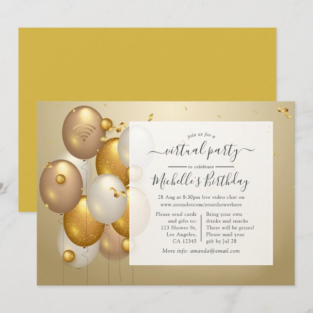 Invitation Gold Ballons fête d'anniversaire virtuelle (Devant / Derrière)