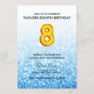 Invitation Gold Balloon Blue Parties scintillant 8e anniversa