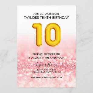 Invitation Gold Balloon Parties scintillant rose 10e annivers