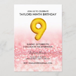 Invitation Gold Balloon Parties scintillant rose 9e anniversa