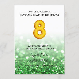 Invitation Gold Balloon Parties scintillant verte 8e fête d'a