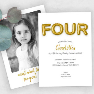 Invitation Gold Balloon quatrième anniversaire Photo Invitati