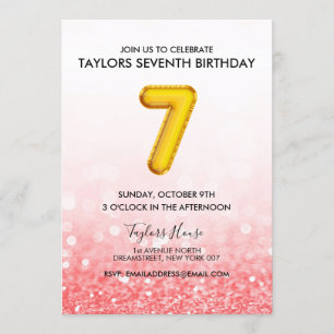 Invitation Gold Balloon Red Pink Parties scintillant 7e anniv