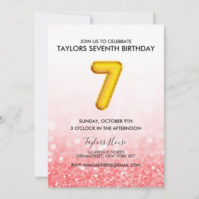 Invitation Gold Balloon Rouge rose Parties scintillant 7e fêt (Devant)