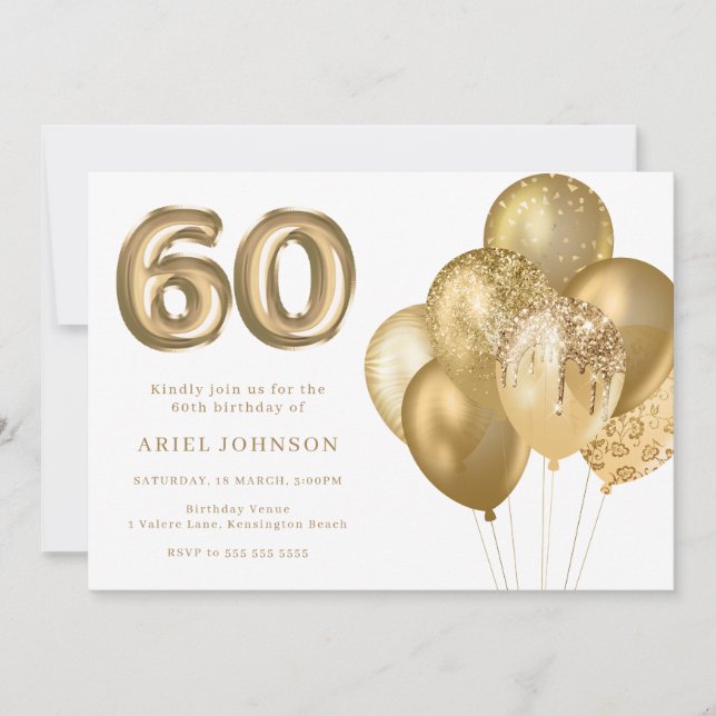Invitation Gold Balloons 60e fête d'anniversaire (Devant)
