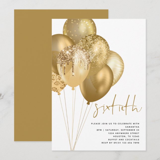 Invitation Gold Balloons Parties scintillant 60e fête d'anniv (Devant / Derrière)