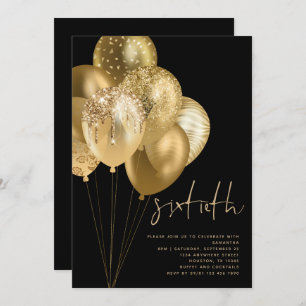 Invitation Gold Balloons Parties scintillant Noir 60e fête d'