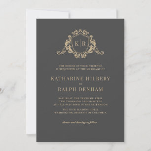 Invitation Gold Baroque Crest Dark Grey Monogram Mariage