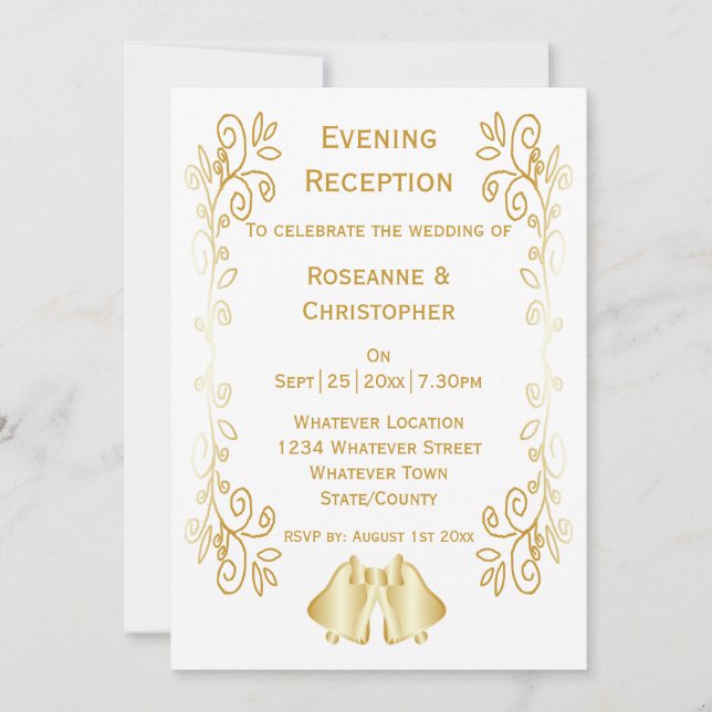 Invitation Gold Bells Scrollwork Mariage Réception (Devant)