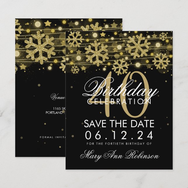 Invitation Gold Black 40th Birthday Save Date Winter (Devant / Derrière)