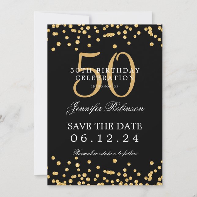 Invitation Gold Black 50th Birthday Enregistrer la date Confe (Devant)