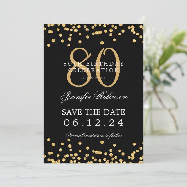 Invitation Gold Black 80th Birthday Enregistrer la date et le (Debout devant)