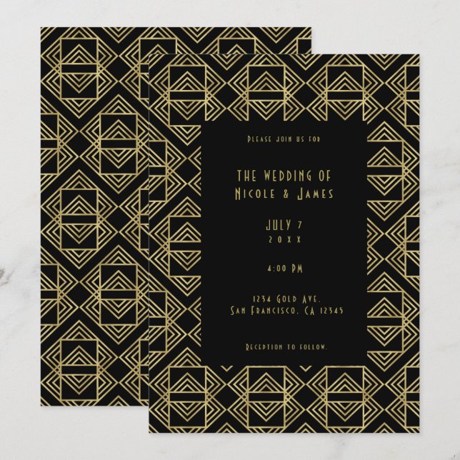 Invitation Gold & Black Art Deco Bold Retro Mariage de glam (Devant / Derrière)