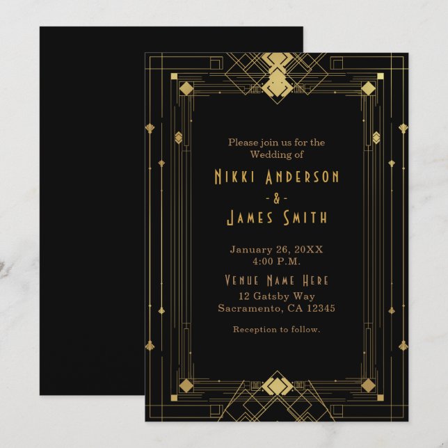 Invitation Gold & Black Art Déco Gatsby Roaring 20's Elegant (Devant / Derrière)