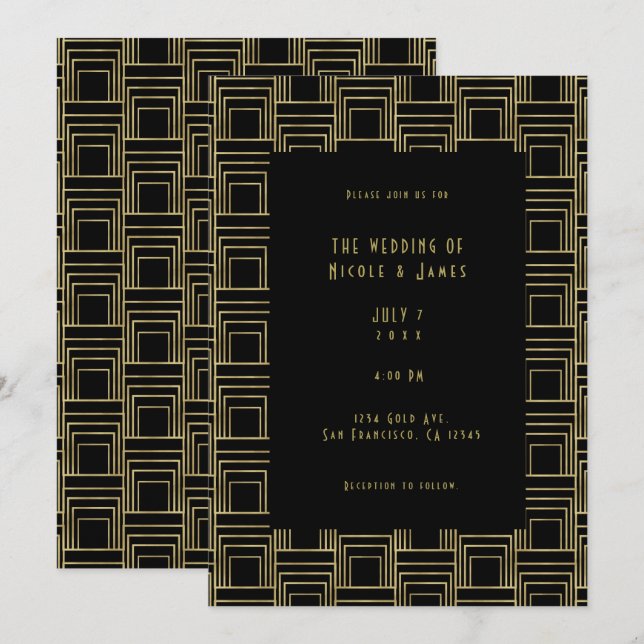 Invitation Gold Black Art Déco Mariage rétro élégant et géomé (Devant / Derrière)