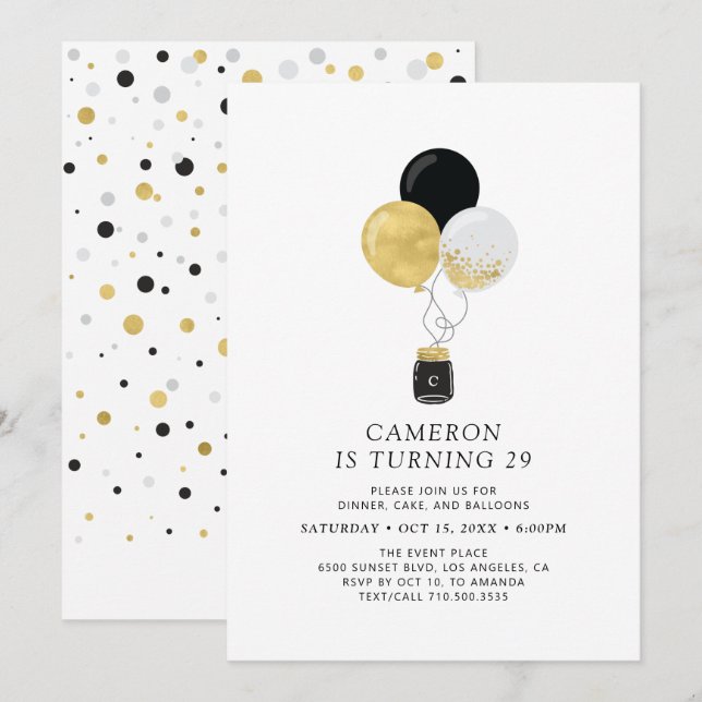 Invitation Gold & Black Balloons Fête d'anniversaire adulte m (Devant / Derrière)