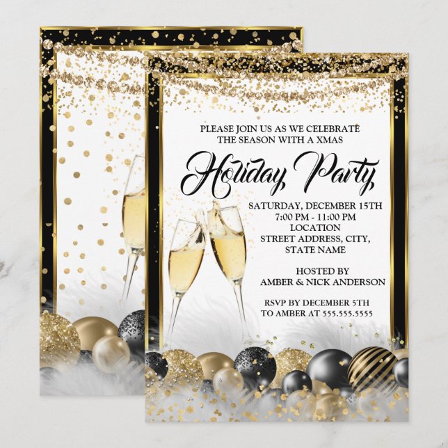 Invitation Gold Black Champagne de Noël (Devant / Derrière)