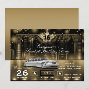 Invitation Gold Black City Night Lights Limo fête d'anniversa